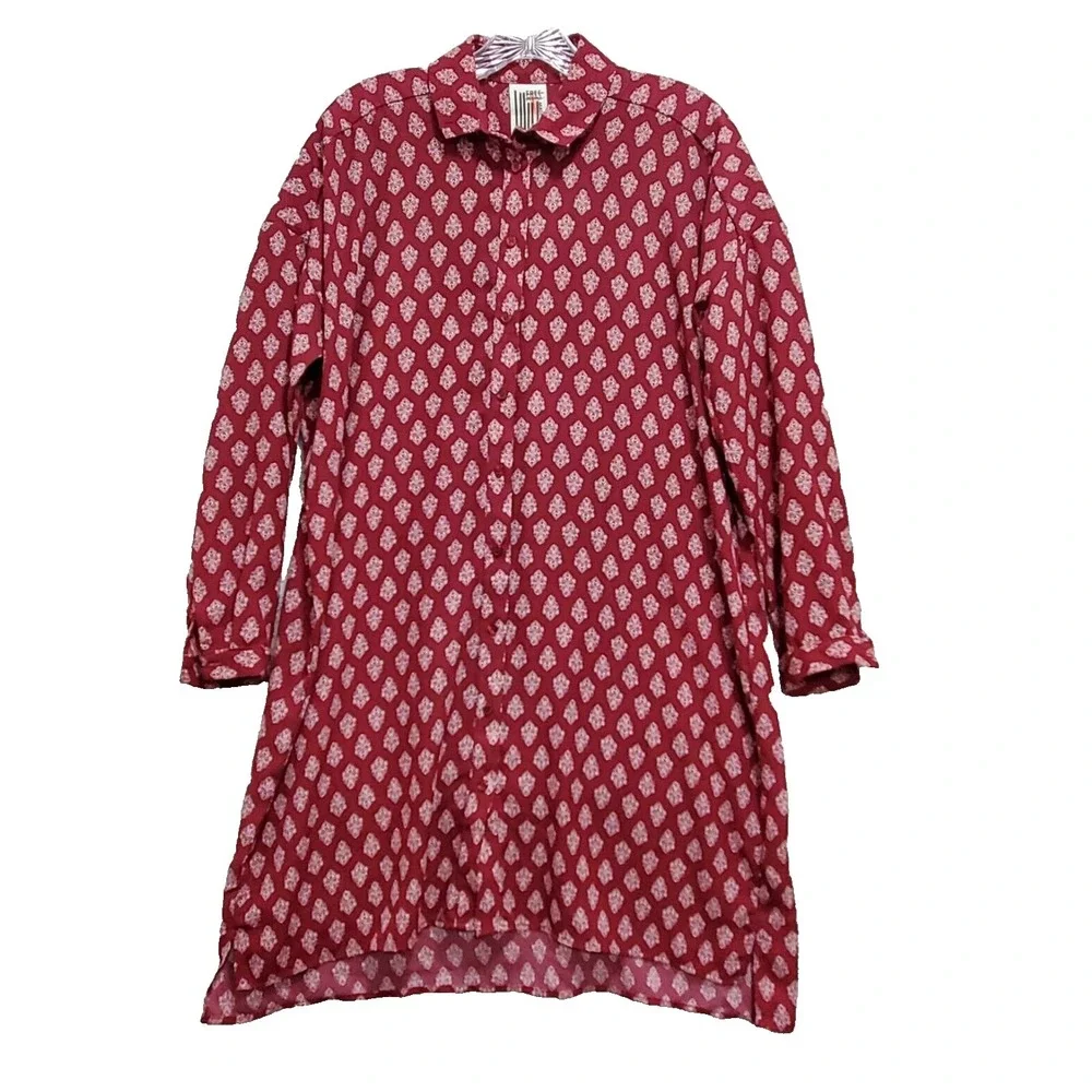 Free People Shirt Dress Women's‎ XS Burgundy Floral Pleated Long Sleeve Collared
